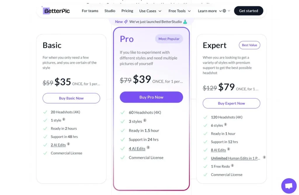 AI Headshot Generator BeterPic Pricing Plan
