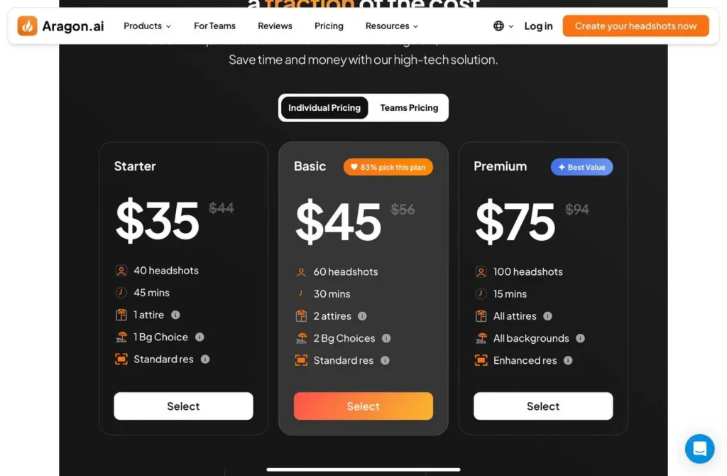 AI Headshot Generator Aragon AI Pricing Plan