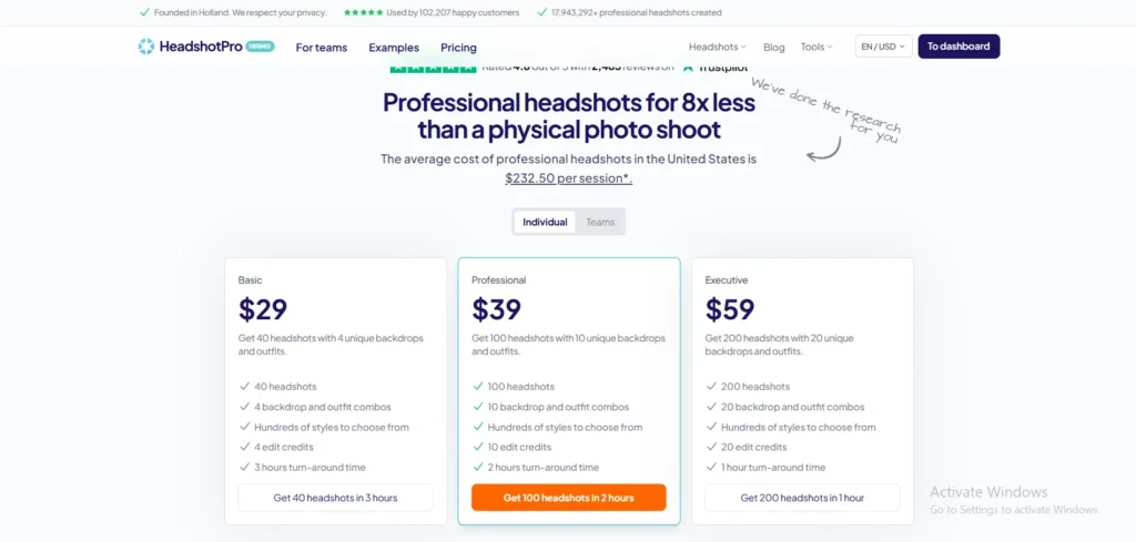 AI Headshot Generator HeadshotPro Pricing Plan
