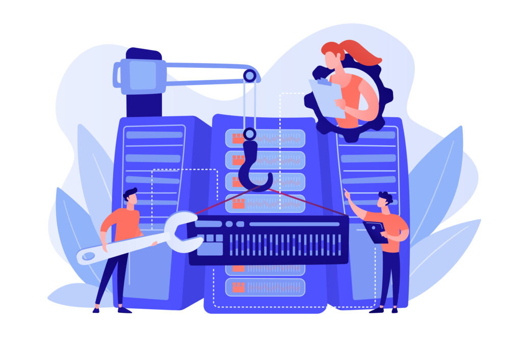 Engineers consolidating and structuring data in the center. Big data engineering, massive data operation, big data architecture concept. Pinkish coral blue vector isolated illustration