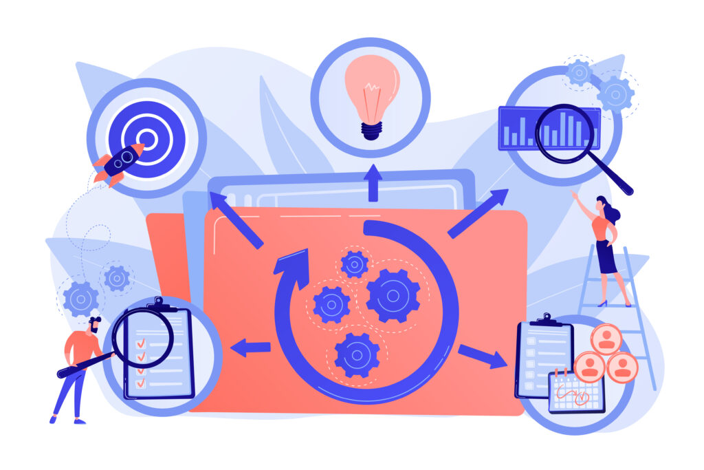 KPI and task management. Workflow optimization. Project life cycle, successful project management, stages of project completion concept. Pink coral blue vector isolated illustration