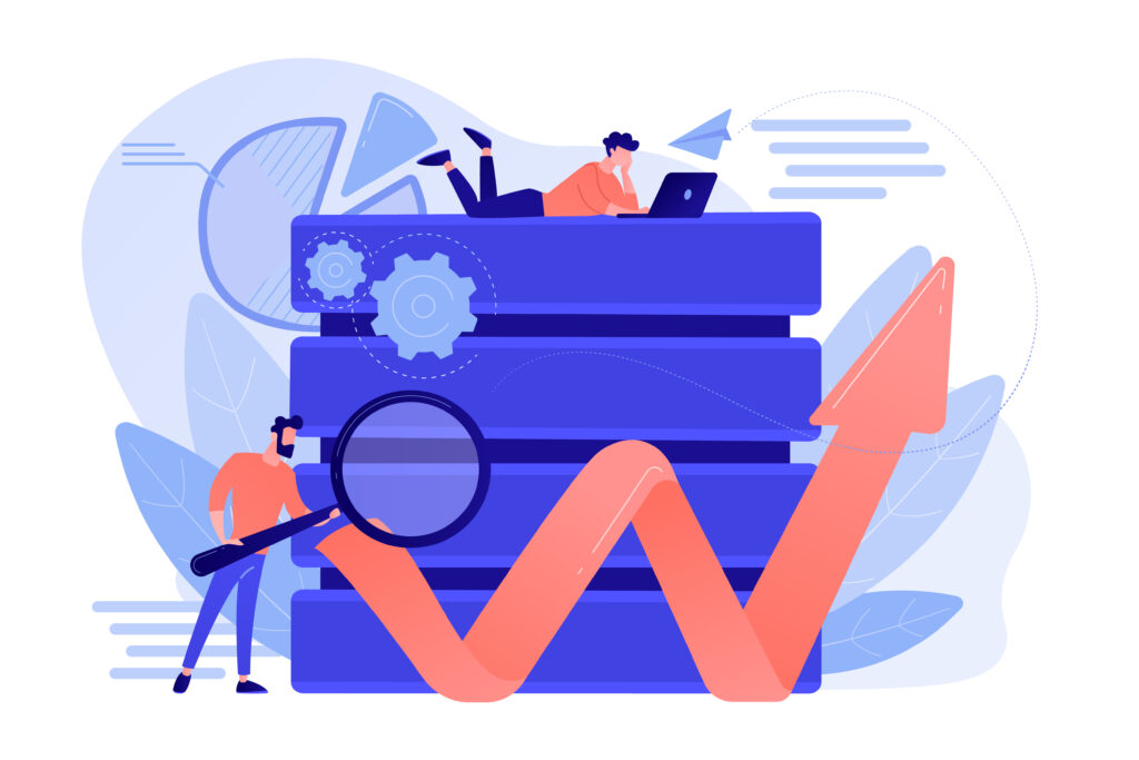 Developer with magnifying glass working with big data and zigzag arrow. Digital analytics tools, data storage and software engineering concept. Vector isolated illustration.