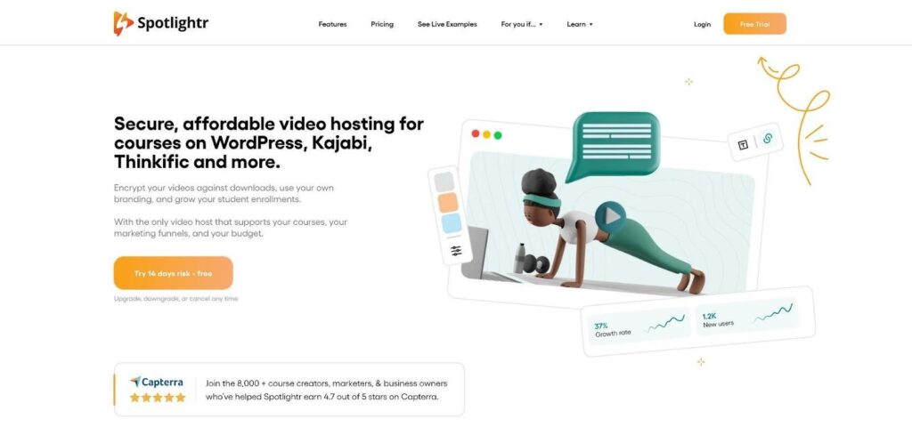 Spotlightr WordPress video paywall and secure hosting homepage screenshot