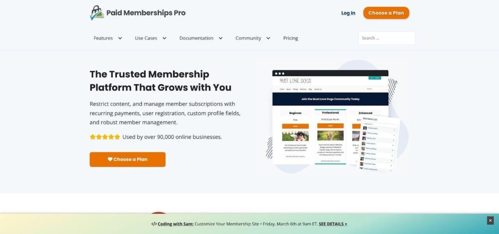 Paid Memberships Pro freemium WordPress paywall plugin homepage screenshot