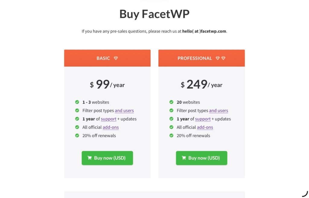 Pricing of FacetWP